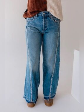 we the free on the edge selvedge wide leg jeans raw hem Size 30
